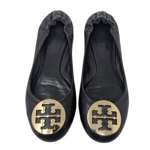 Tory Burch Minnie Black Leather Ballet Flats Gold Logo Size 8.5